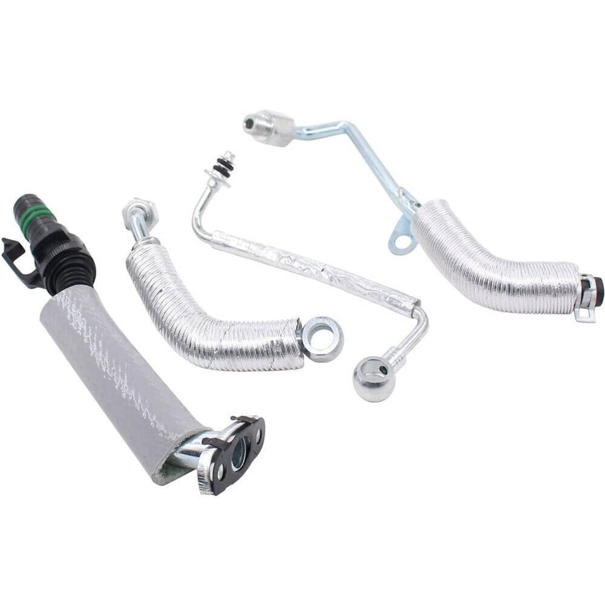 Turbo coolant return hose line assembly with braided hoses and metal support brackets