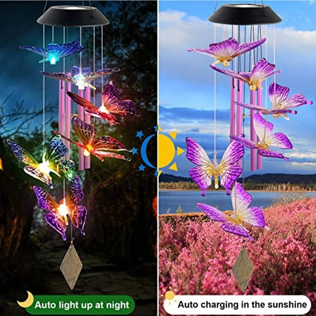 Butterfly solar wind chimes with colorful LED butterflies and a black solar top