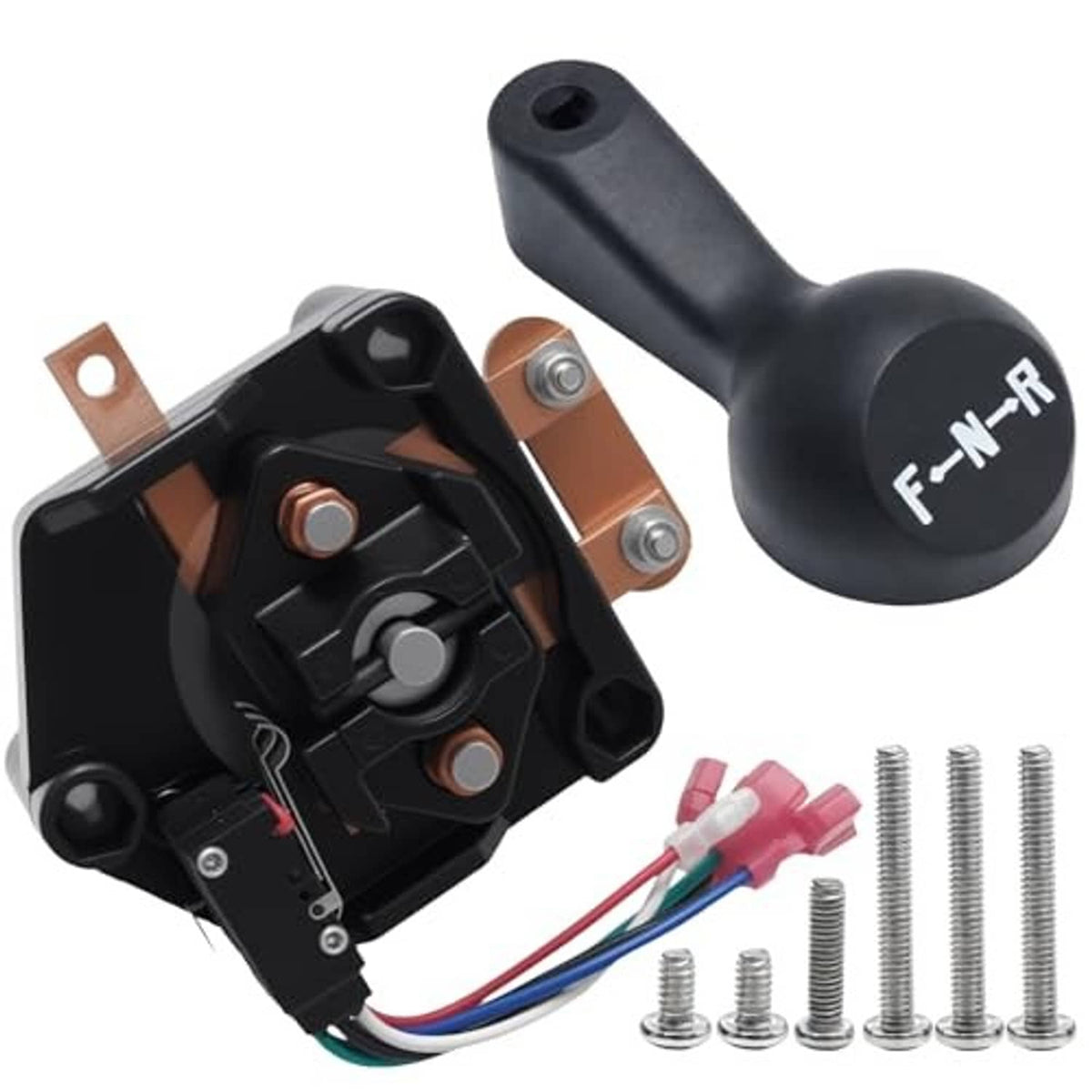 Black switch assembly with F-N-R shift handle, wiring, and mounting hardware.