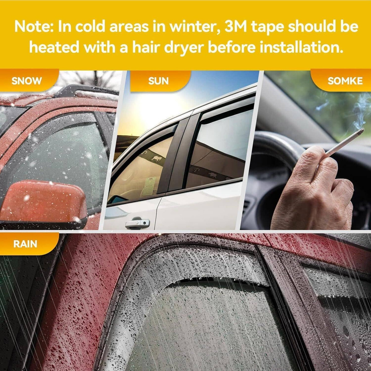 Window rain visor on car with rain, snow, sun and smoke scenes