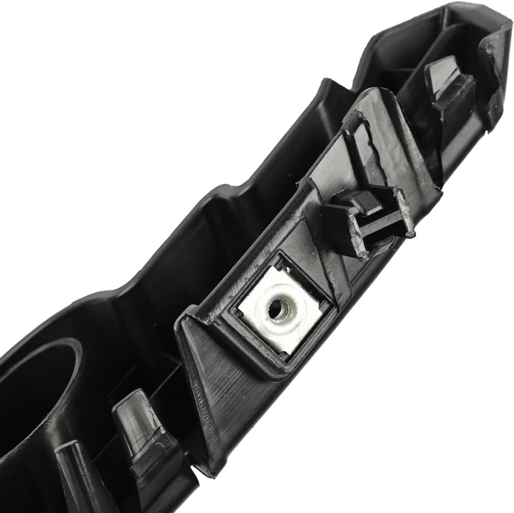 Front bumper guide bracket with metal mounting insert and side clip, black