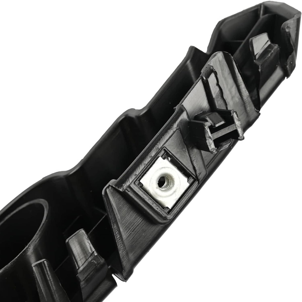 Front bumper guide bracket with metal mounting insert and side clip, black