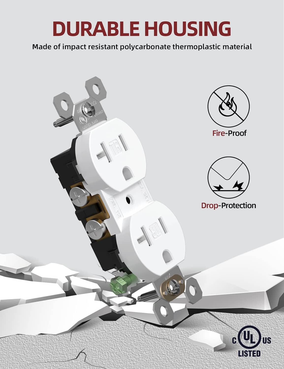 White duplex receptacle with fire-proof housing and drop-protection, angled view