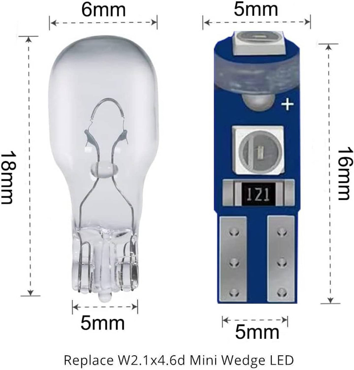 Wedge LED bulb size diagram with 6mm and 5mm measurements shown.