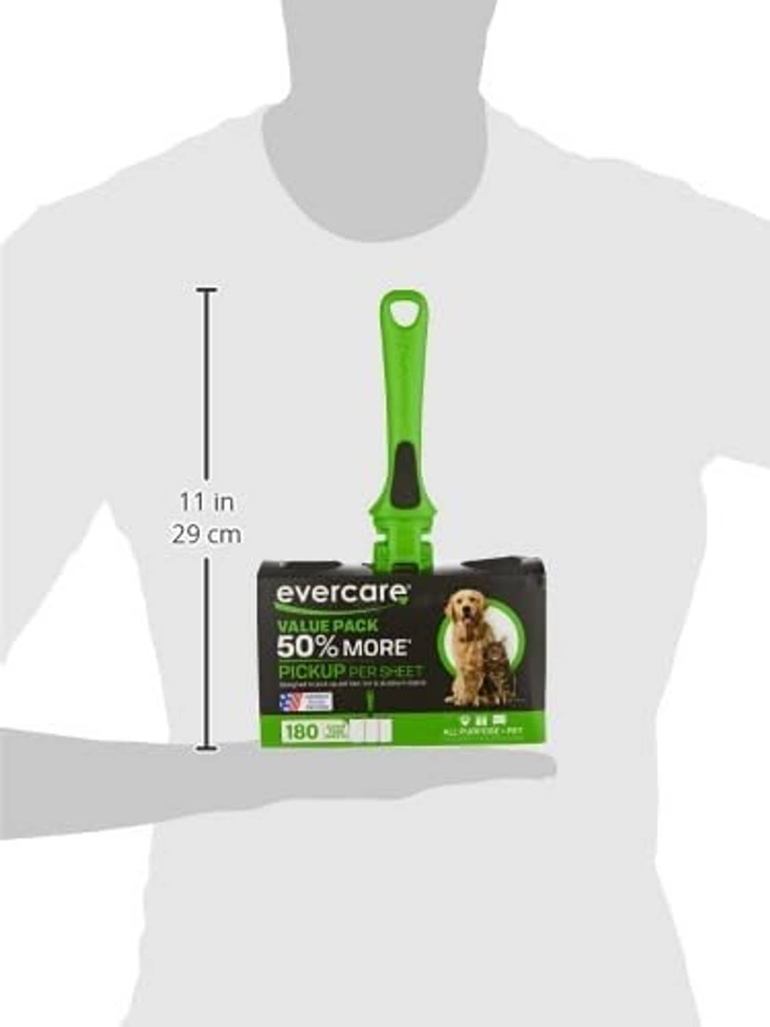 Evercare Pet Extra lint roller with green handle and 180 all-purpose adhesive sheets.