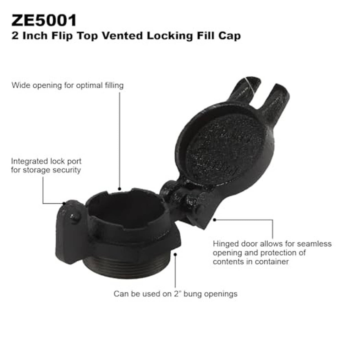 Black 2-inch flip-top vented locking fill cap with open lid and integrated lock port