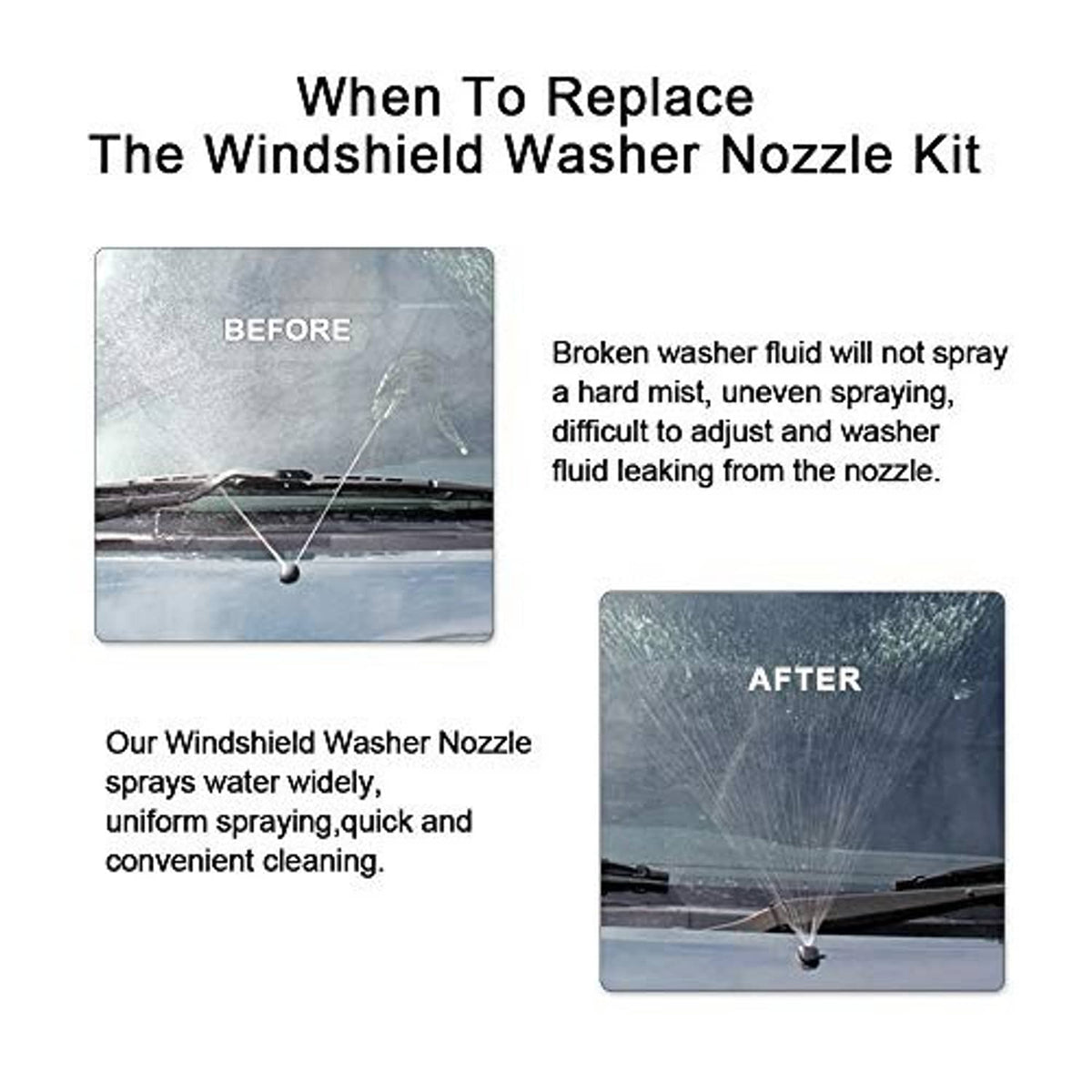 Windshield washer nozzle kit for replacing broken nozzles, black with brass ports