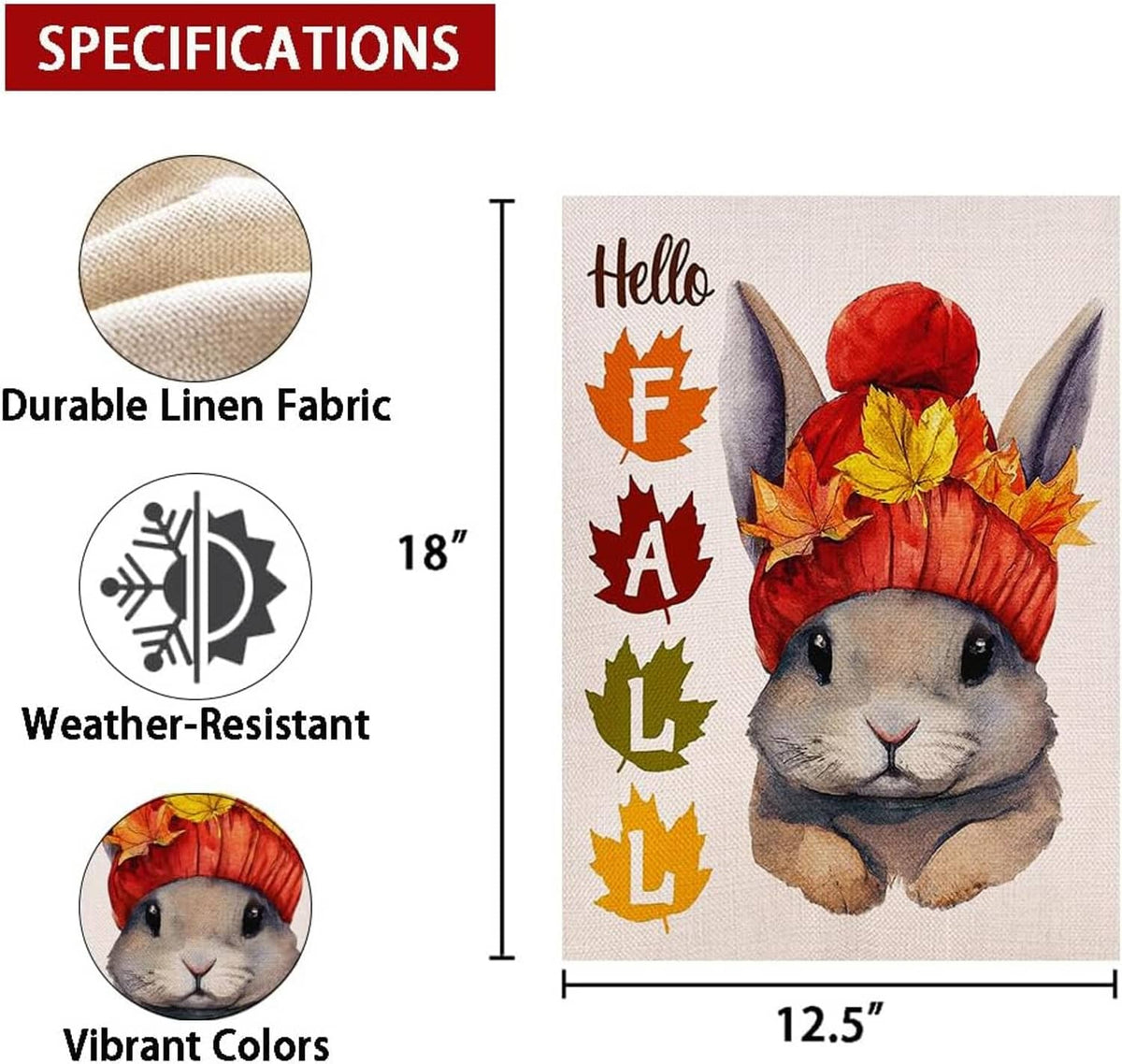 Hello Fall rabbit garden flag on durable linen, weather-resistant, 12.5 x 18 in