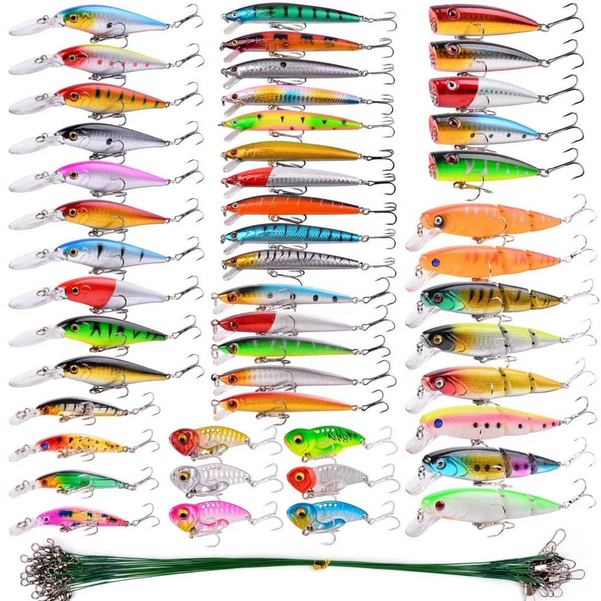68-piece fishing lure set, many multicolor lures arranged with treble hooks