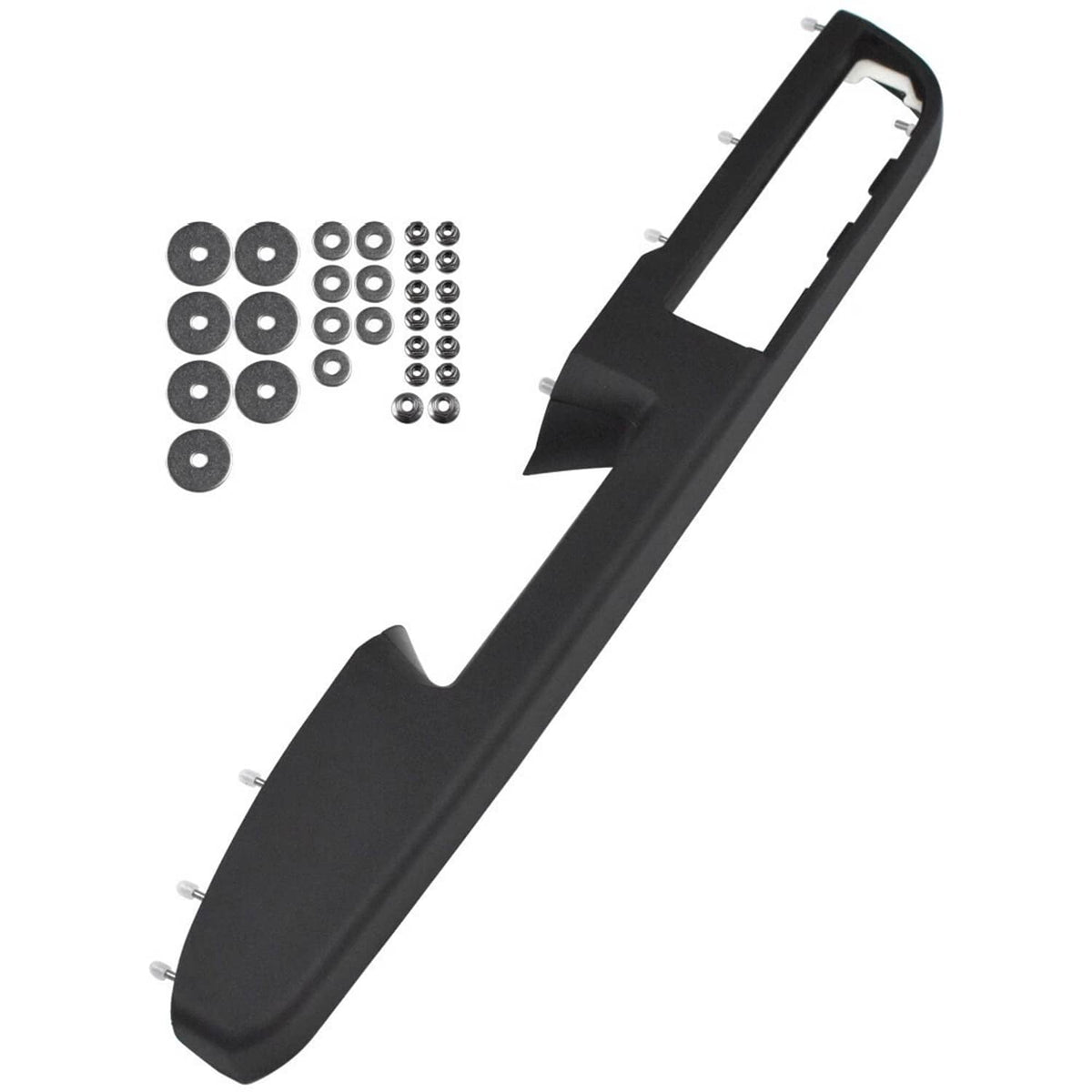 Black door panel handle armrest trim piece with cutout and mounting studs