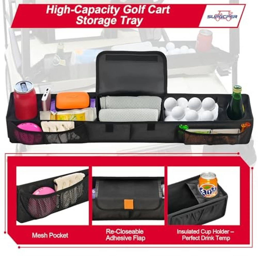 Black golf cart front storage tray with insulated cup holders and mesh pocket