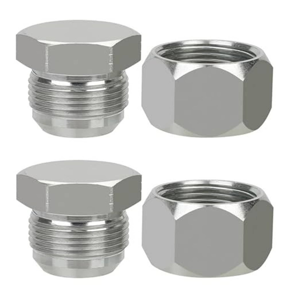 Hydraulic hose cap and plug set, silver hex fittings with matching threaded openings