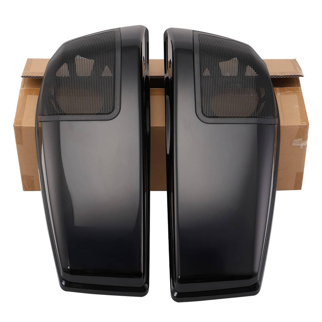 Pair of black glossy saddlebag speaker lids with mesh grille inserts