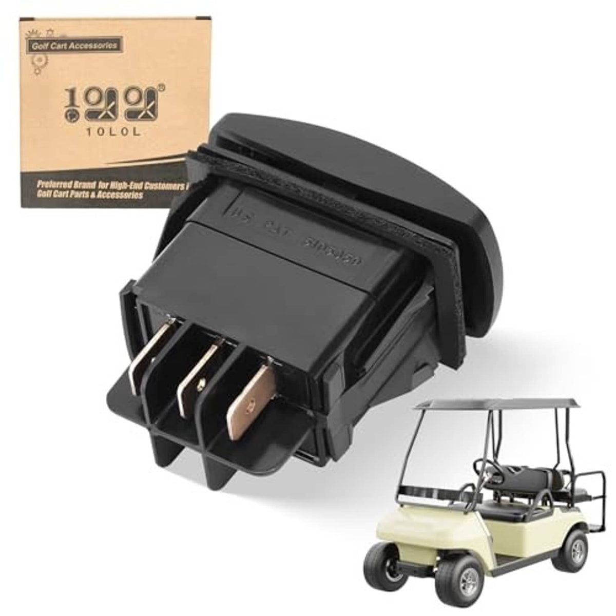 Black forward/reverse electric golf cart switch, shown with front mounting bracket