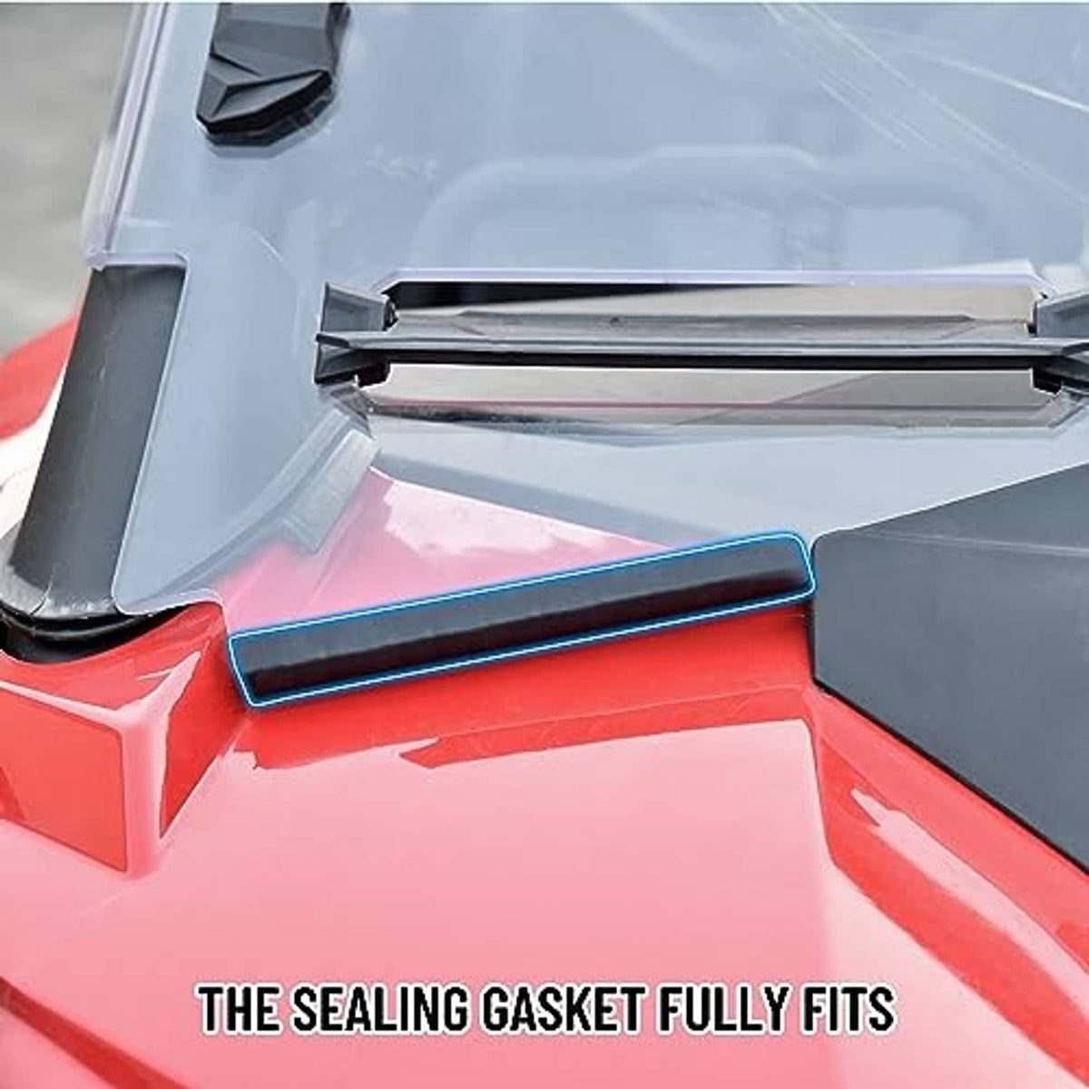 Front windshield edge with clear panel and black sealing gasket trim