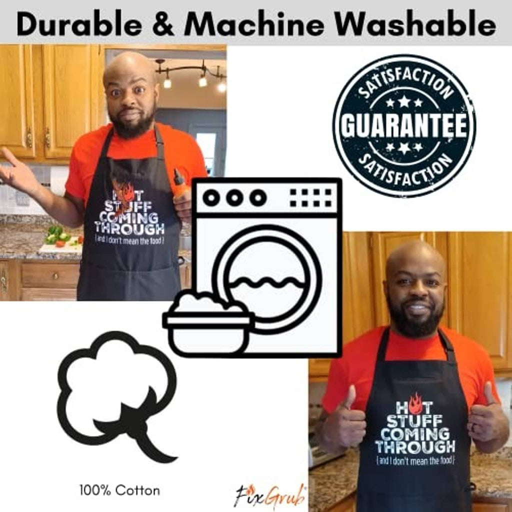 Black cotton chef apron with “Hot Stuff Coming Through” slogan