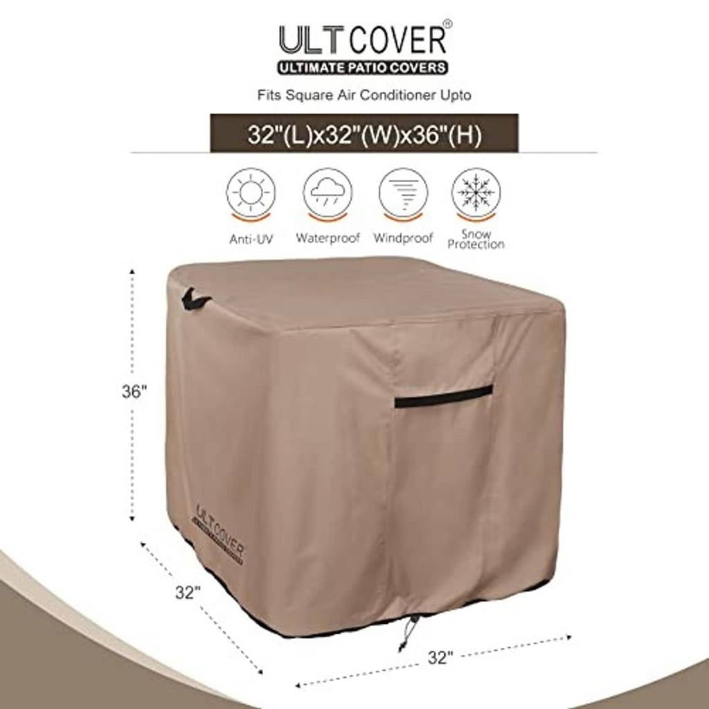 Square air conditioner cover in brown with black strap and fitted top