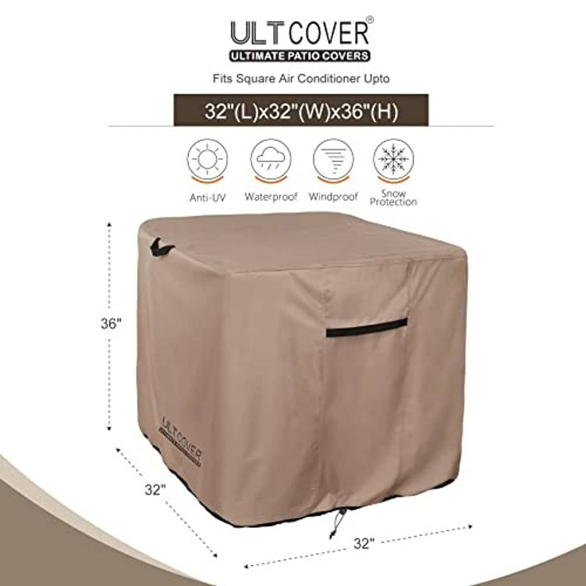 Square air conditioner cover in brown with black strap and fitted top