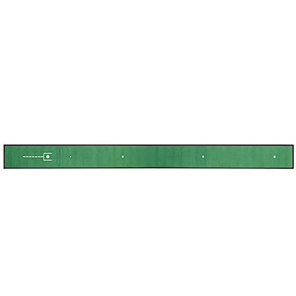 Green putting mat close-up with alignment icons and ball marker dots