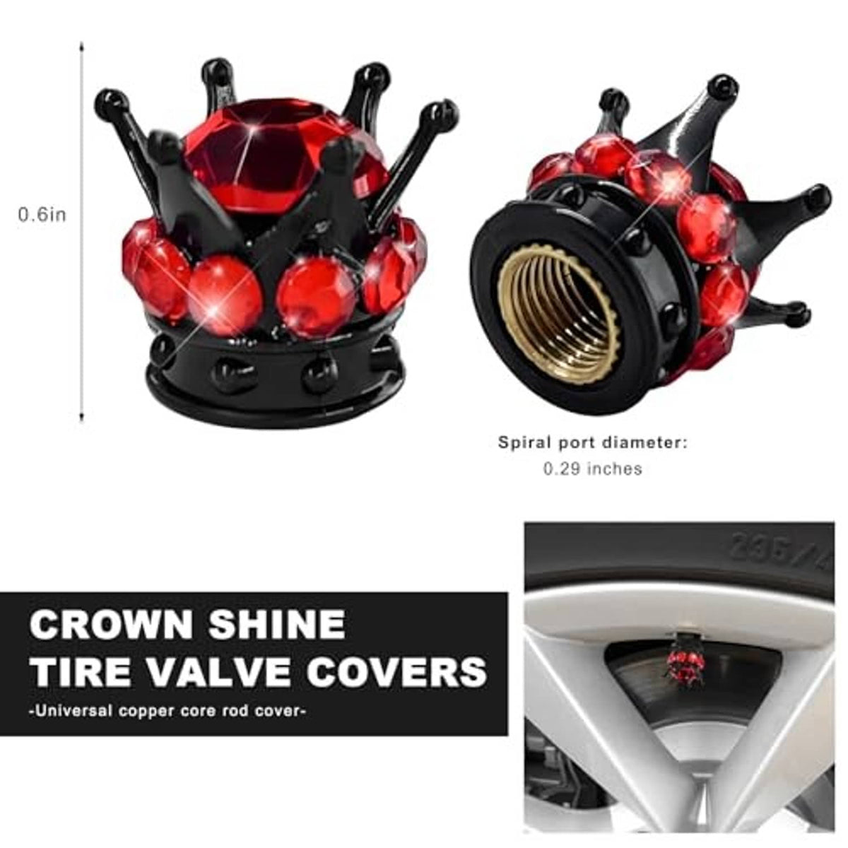 Black tire valve stem cap featuring a red jeweled crown and visible gold valve insert