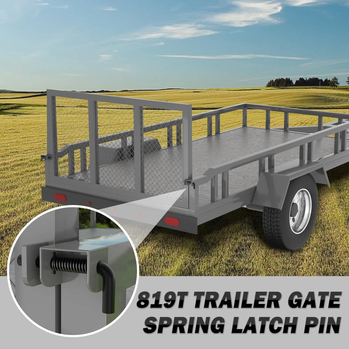 Trailer gate spring latch pin close-up in inset, black U latch and coil spring