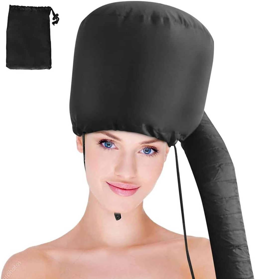 Black hair dryer bonnet hood with adjustable chin strap and extended hose collar