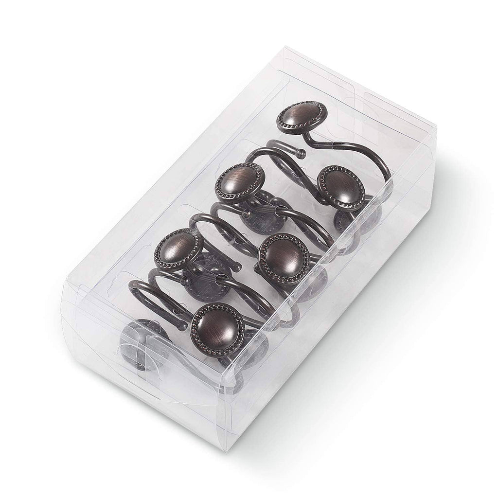 Oil-rubbed bronze shower curtain hooks set in a clear plastic storage box