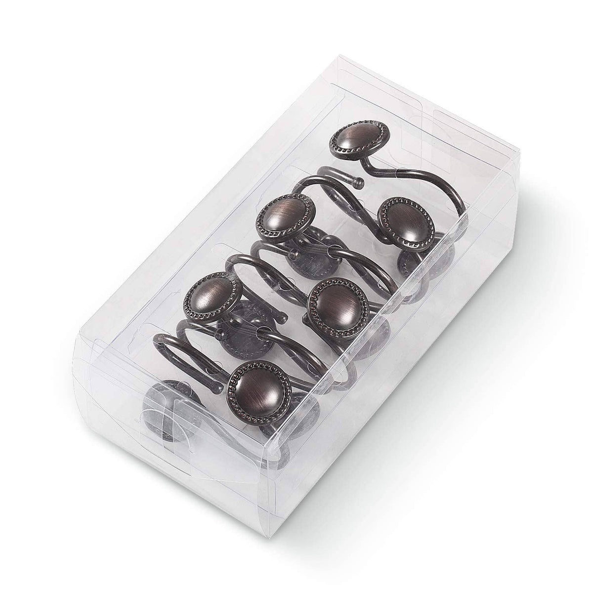 Oil-rubbed bronze shower curtain hooks set in a clear plastic storage box