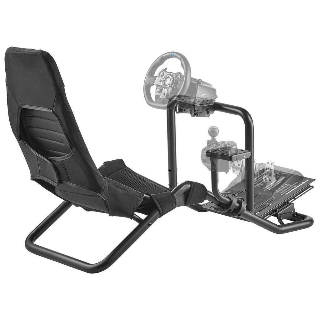 Racing steering wheel simulator stand with black seat and mounting frame.