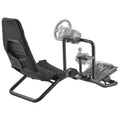 Racing steering wheel simulator stand with black seat and mounting frame.