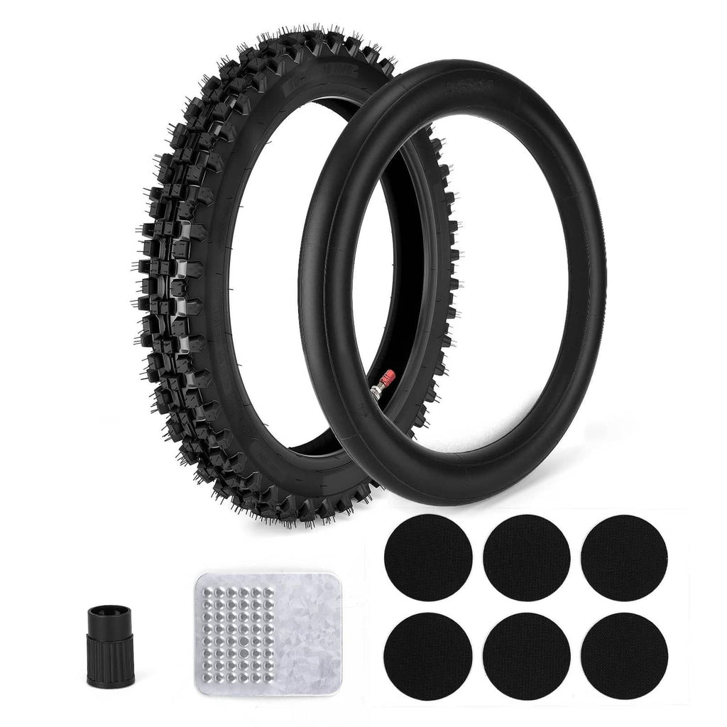 Black dirt bike front tire and inner tube set with valve stems and caps