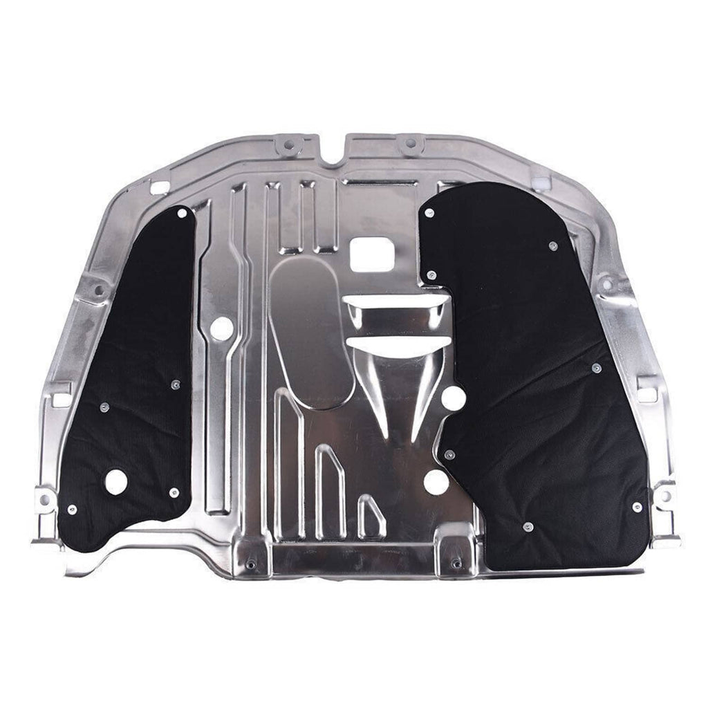 Under car engine splash guard with black fabric liners and silver metal cover