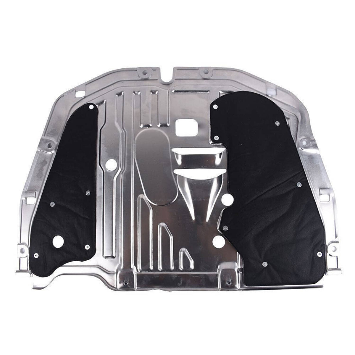 Under car engine splash guard with black fabric liners and silver metal cover