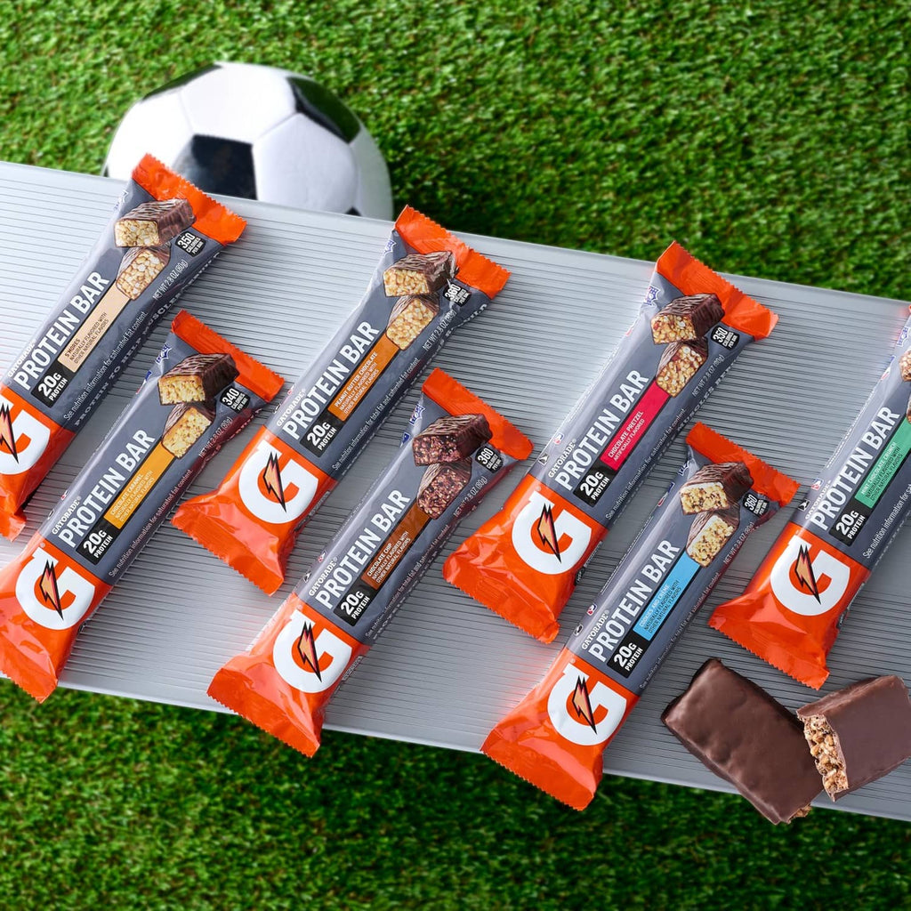 Assorted Gatorade whey protein bars, mint chocolate crunch, orange wrappers with chocolate bites