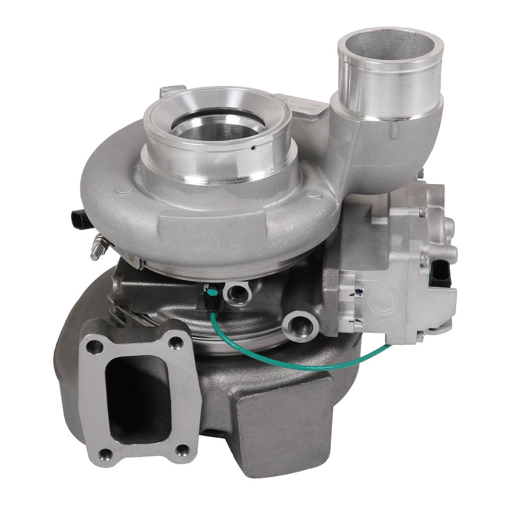 Turbocharger with actuator housing and green wiring line, side profile