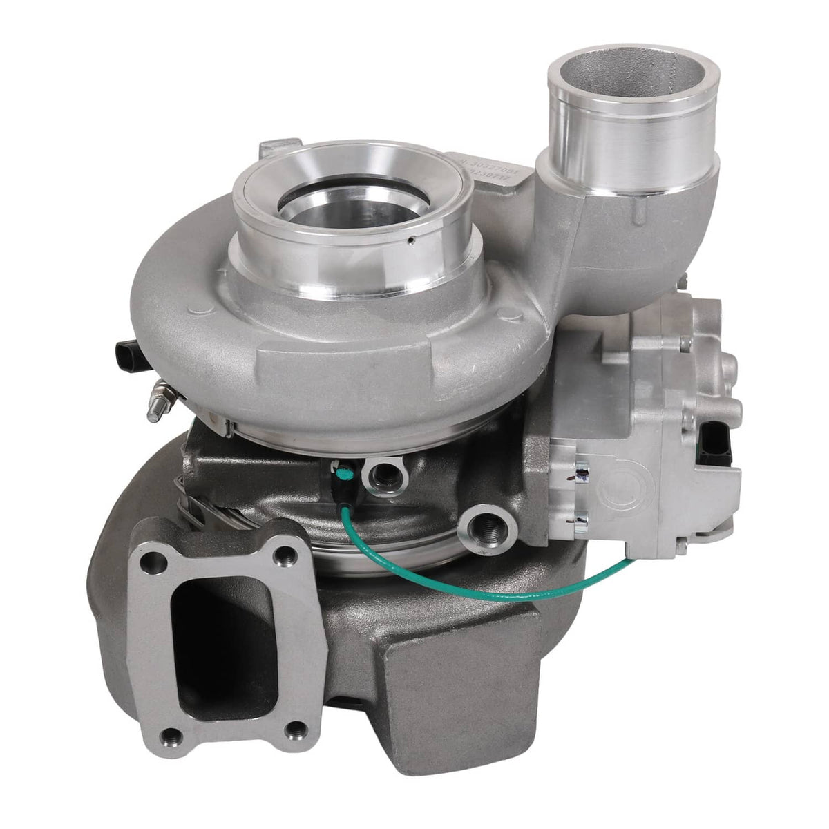 Turbocharger with actuator housing and green wiring line, side profile