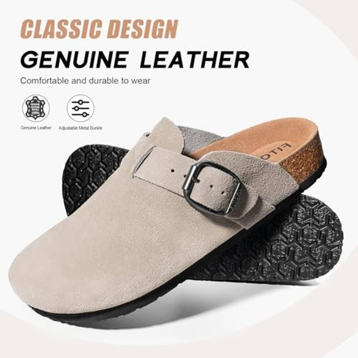 Taupe suede clog mules with metal buckle, cork-like interior, black tread sole