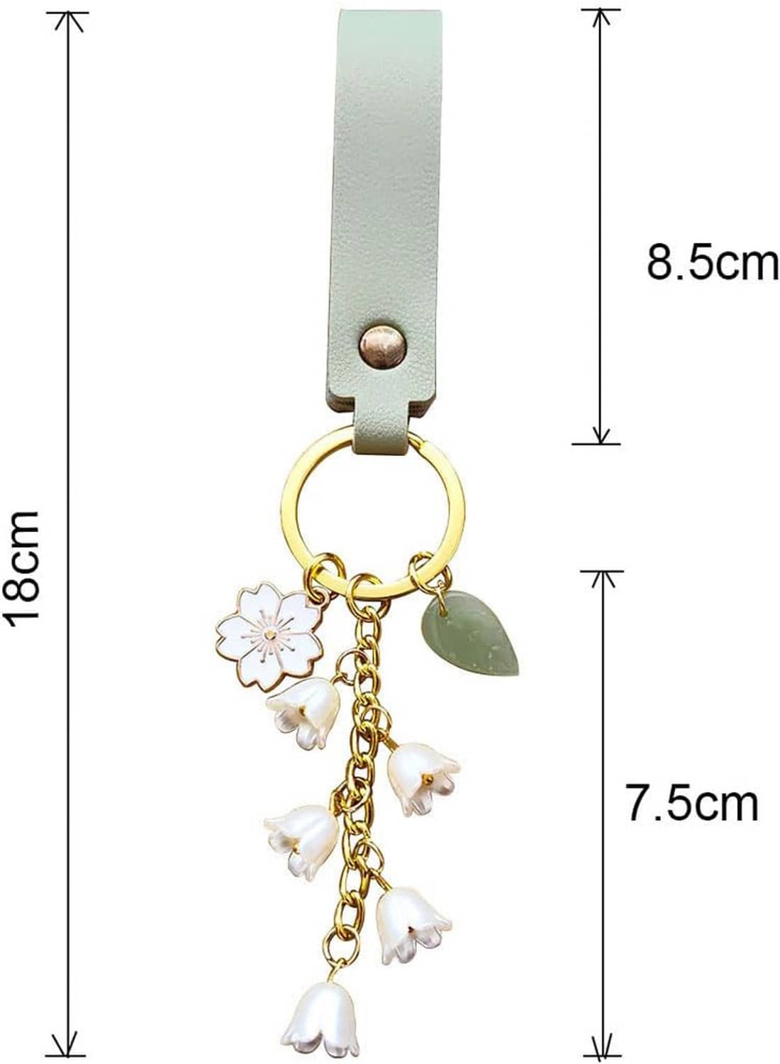 Leather keychain size diagram: mint strap, gold ring, green leaf and white flower tassels