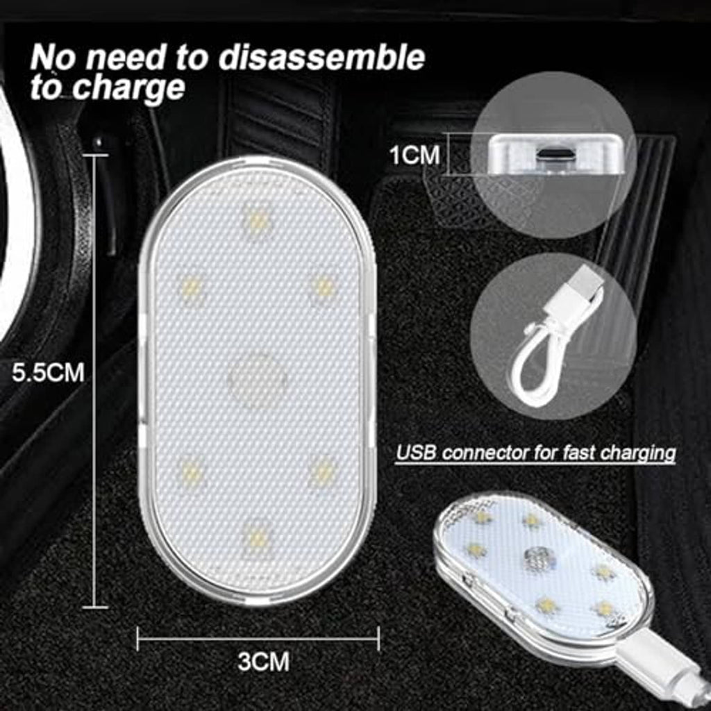 Oval wireless LED light module with USB charging cable for car ambient lighting.