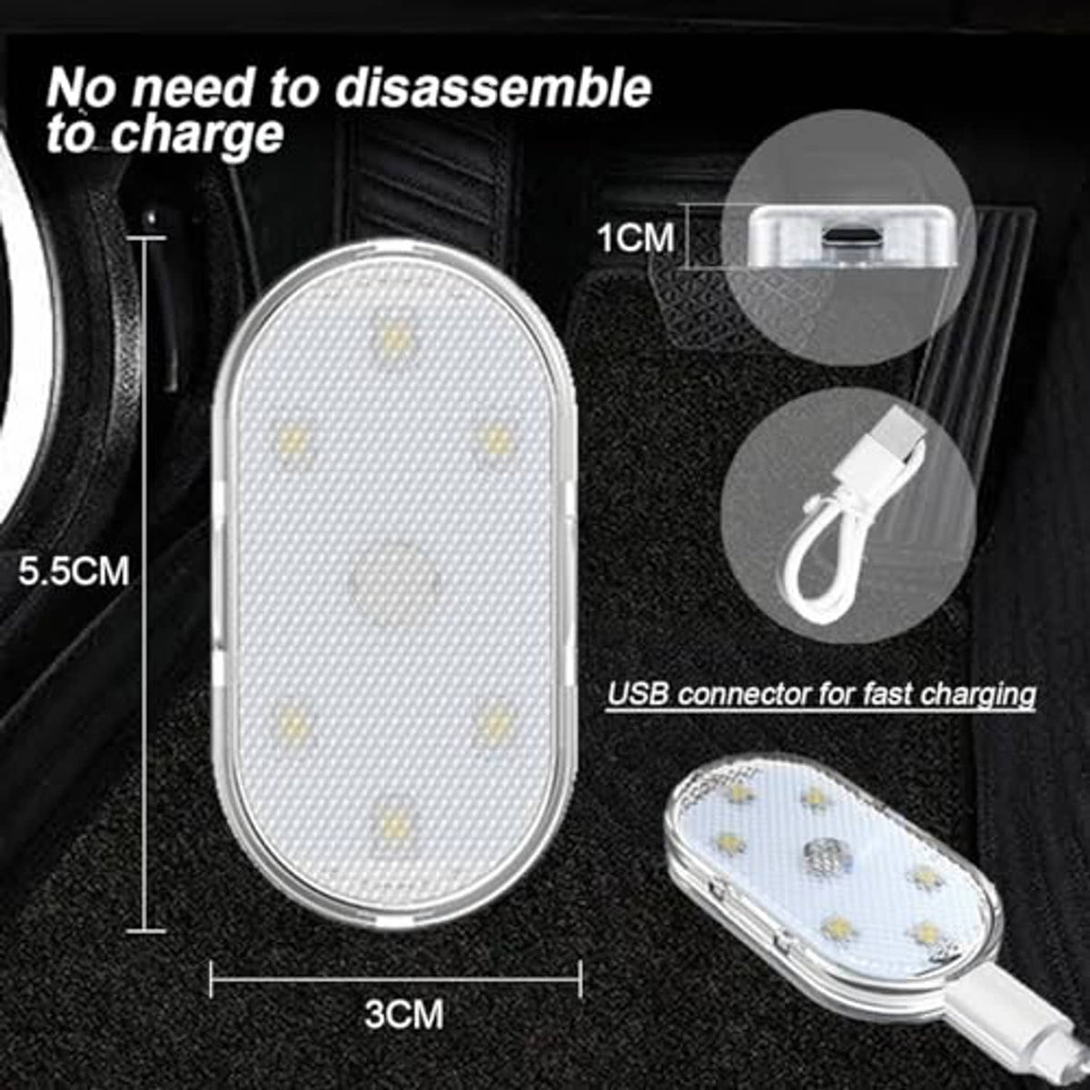 Oval wireless LED light module with USB charging cable for car ambient lighting.