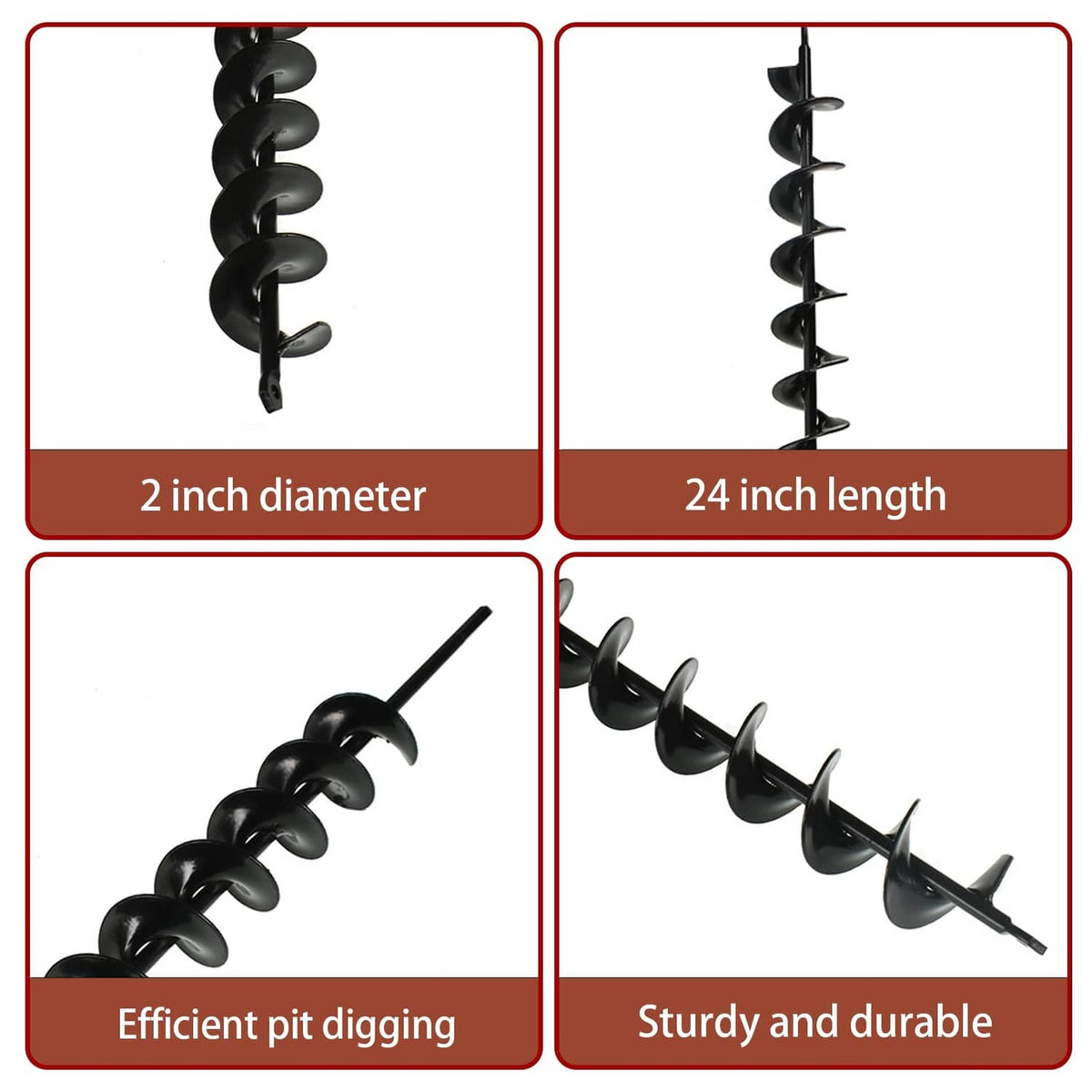 Black auger drill bit set showing spiral flights and drill-tip end
