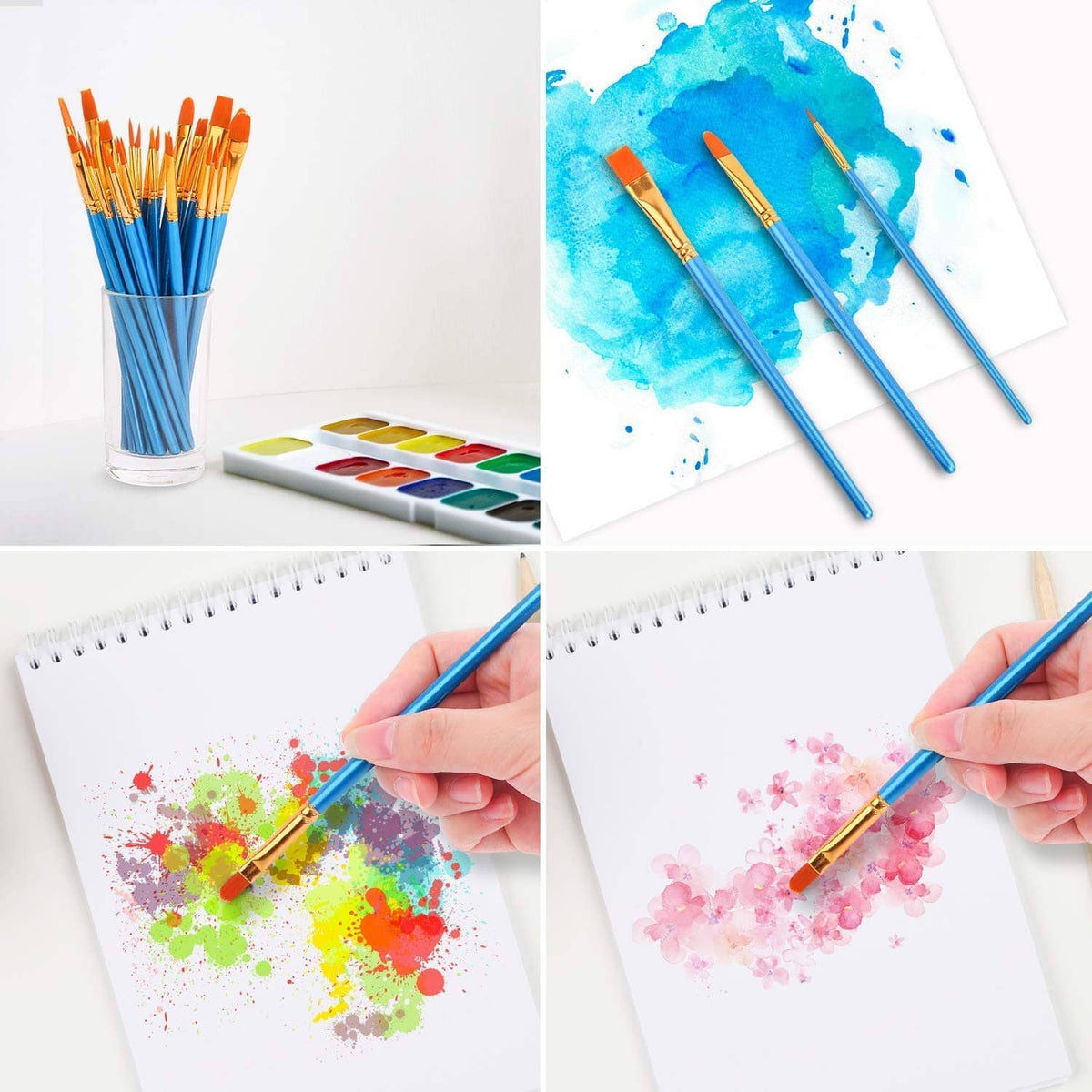 Blue-handled paint brushes with gold ferrules and orange bristles, set on art paper