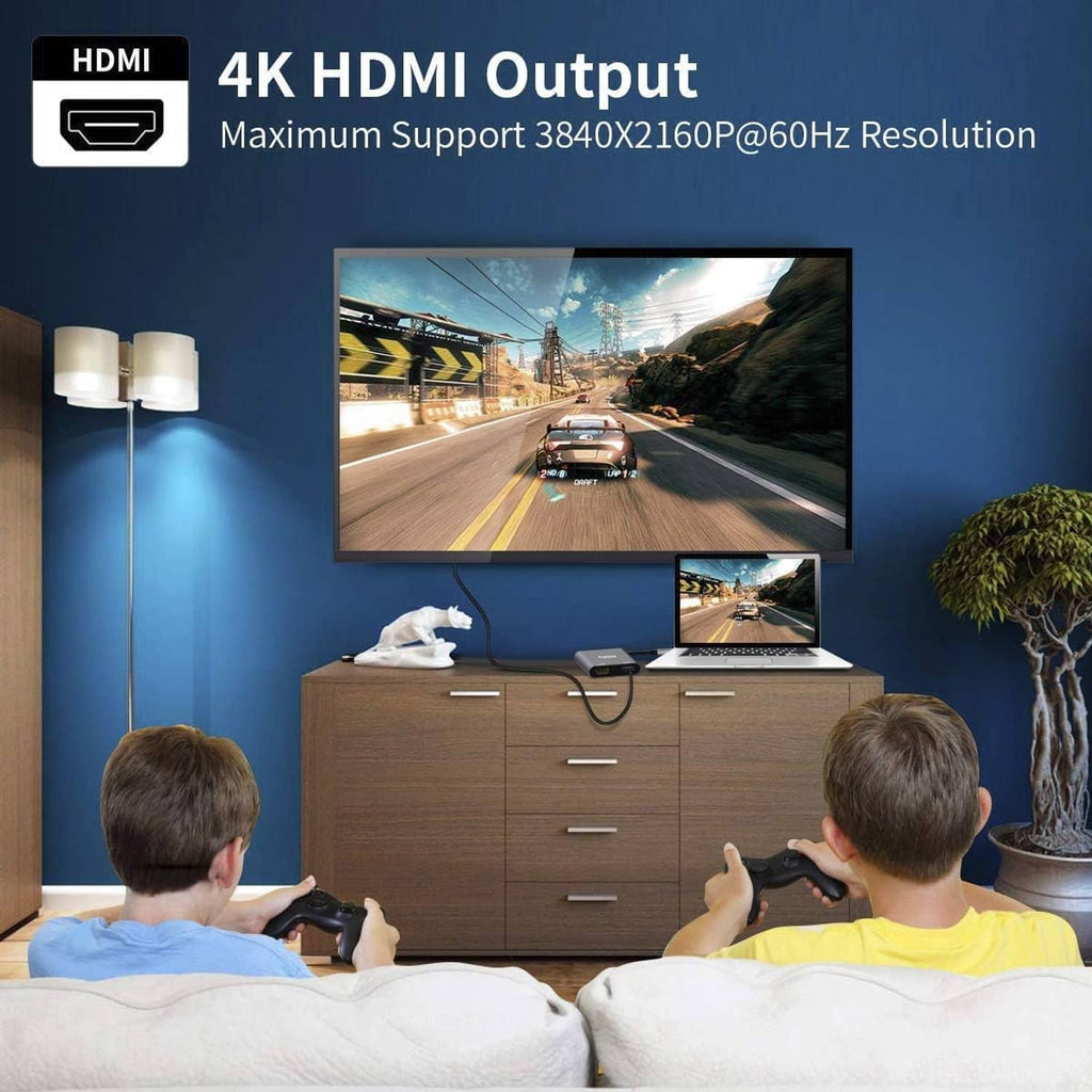 Dual HDMI adapter showing 4K HDMI output with USB-C cable and two ports