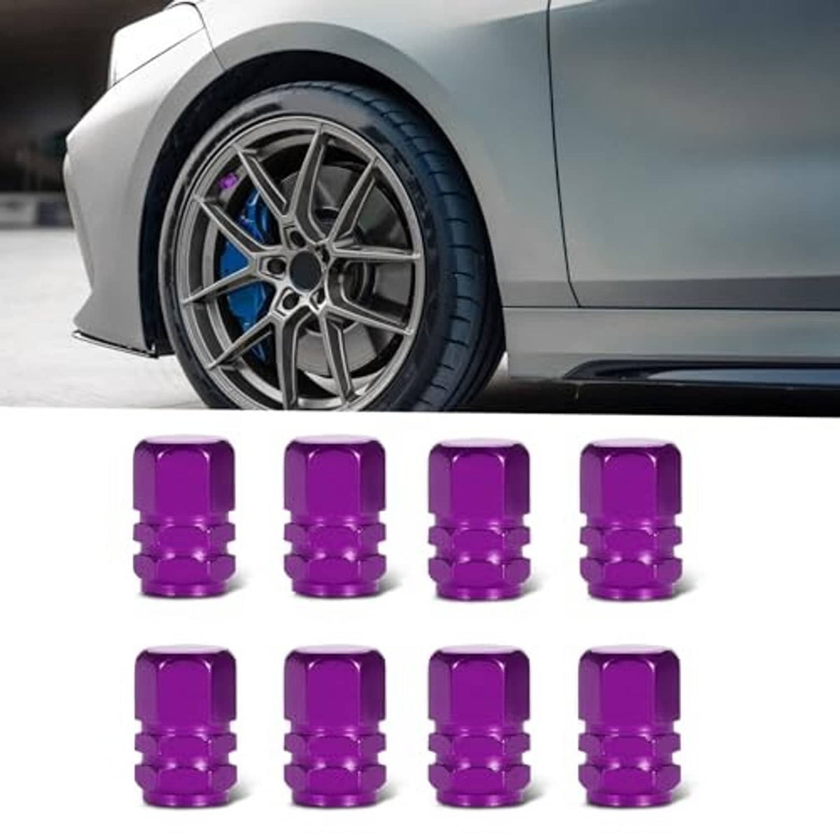 Purple hexagonal tire valve caps, 8-pack, metallic ribbed shape