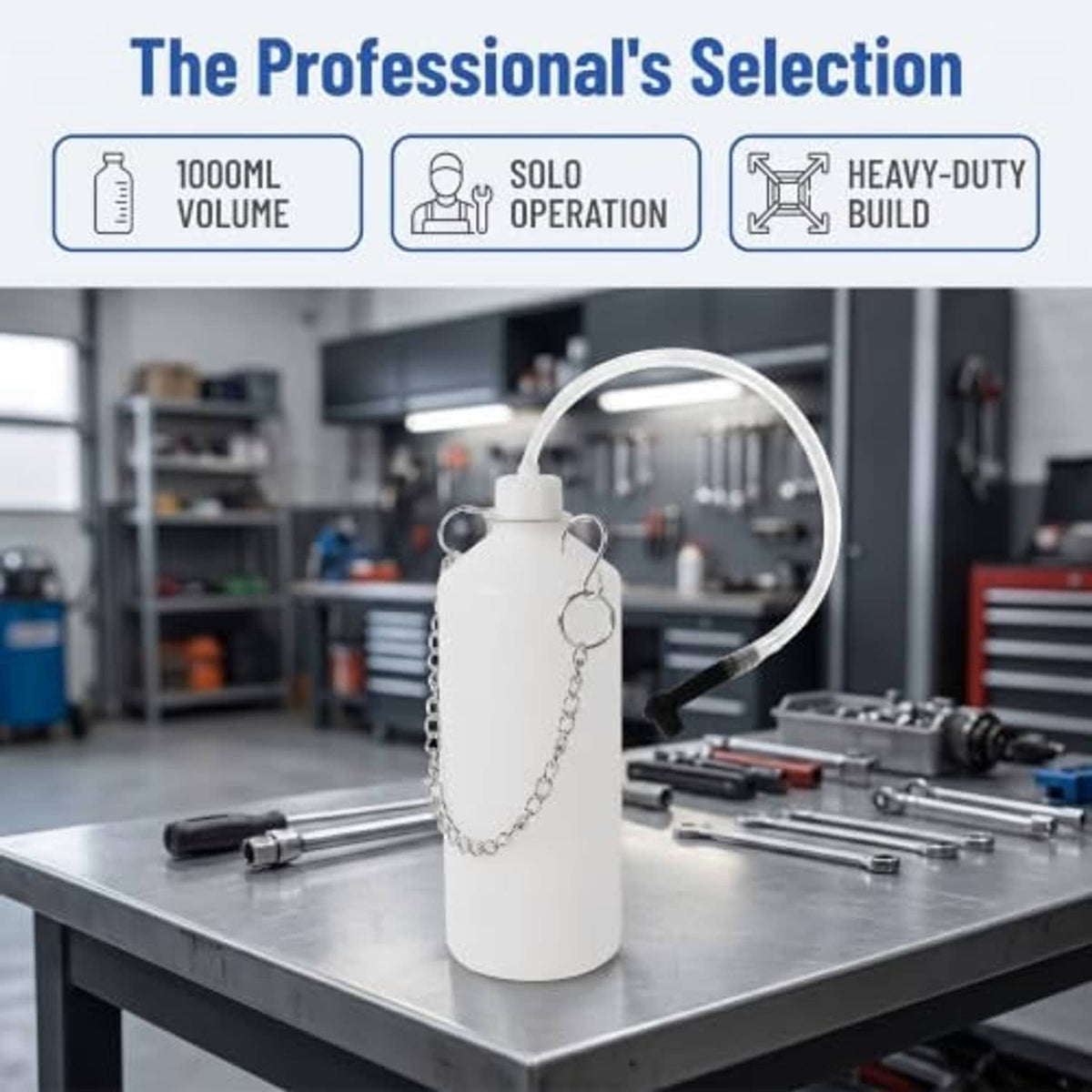 White brake bleeder bottle with clear hose loop and black pump handle on workbench