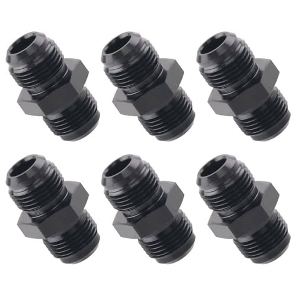 Six black AN male-to-male flare coupler unions with hex body and dual threads