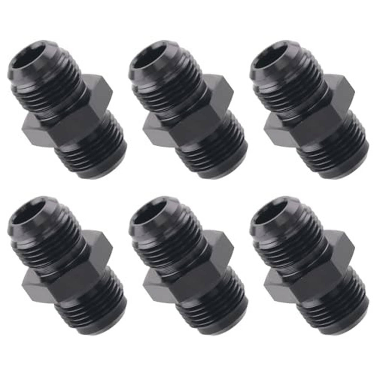 Six black AN male-to-male flare coupler unions with hex body and dual threads
