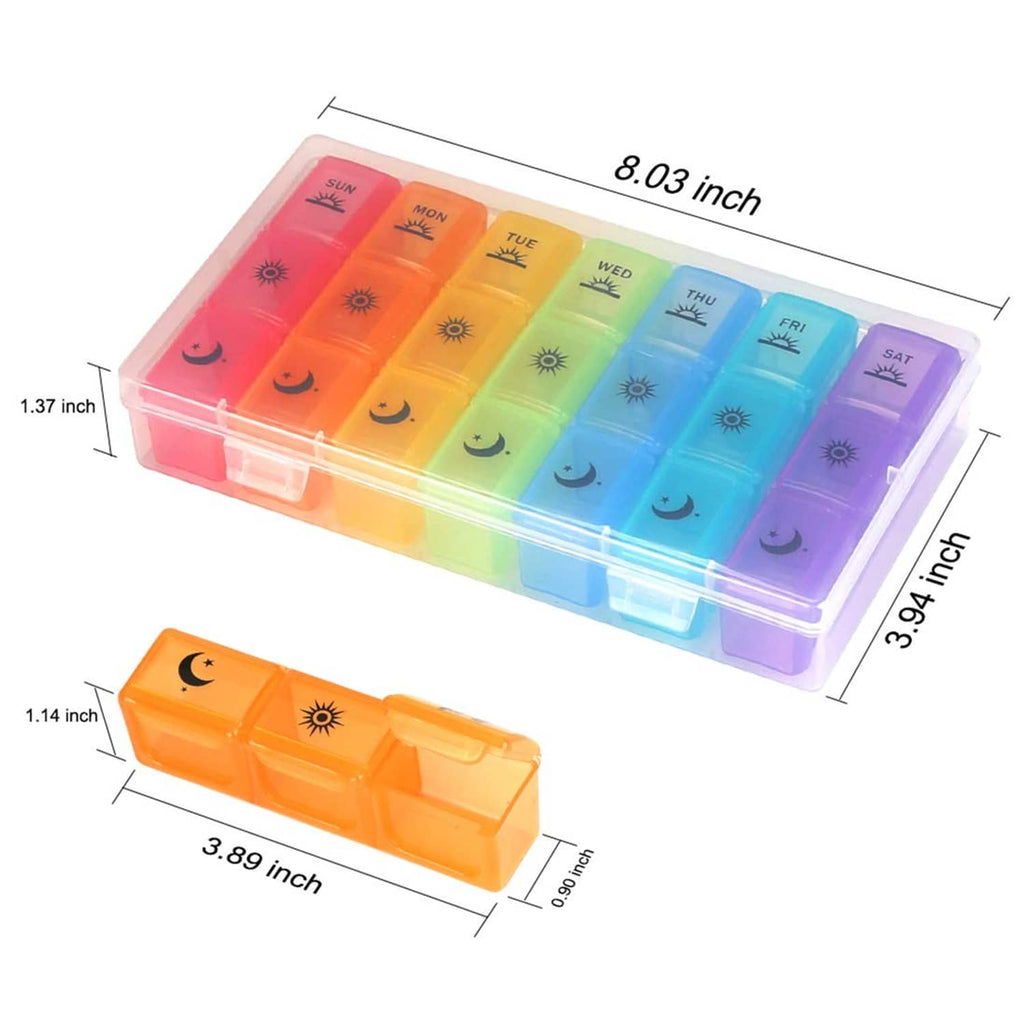 Clear weekly pill organizer with rainbow day trays and separate orange compact tray