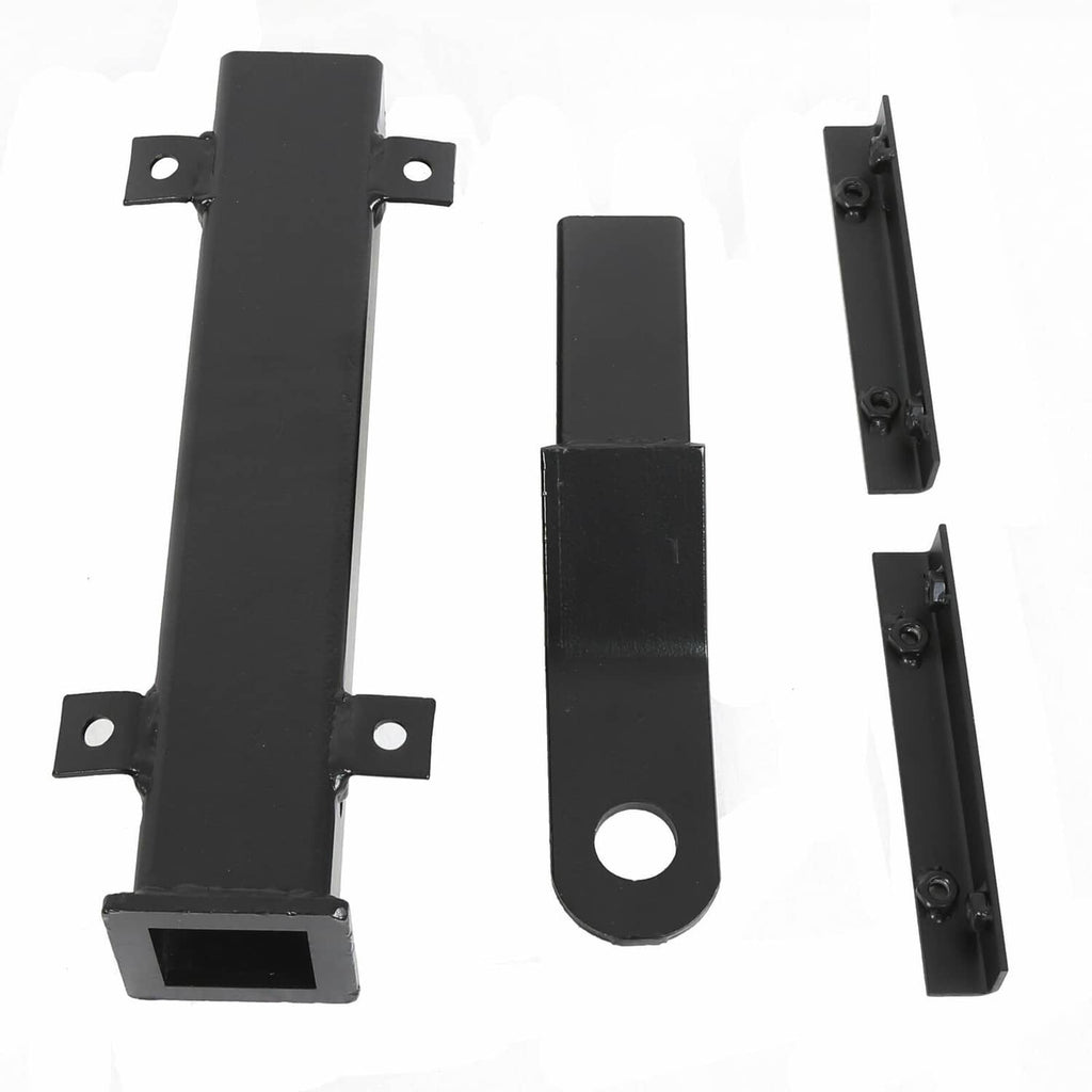 Black mounting brackets and connector plates with pin holes and fasteners