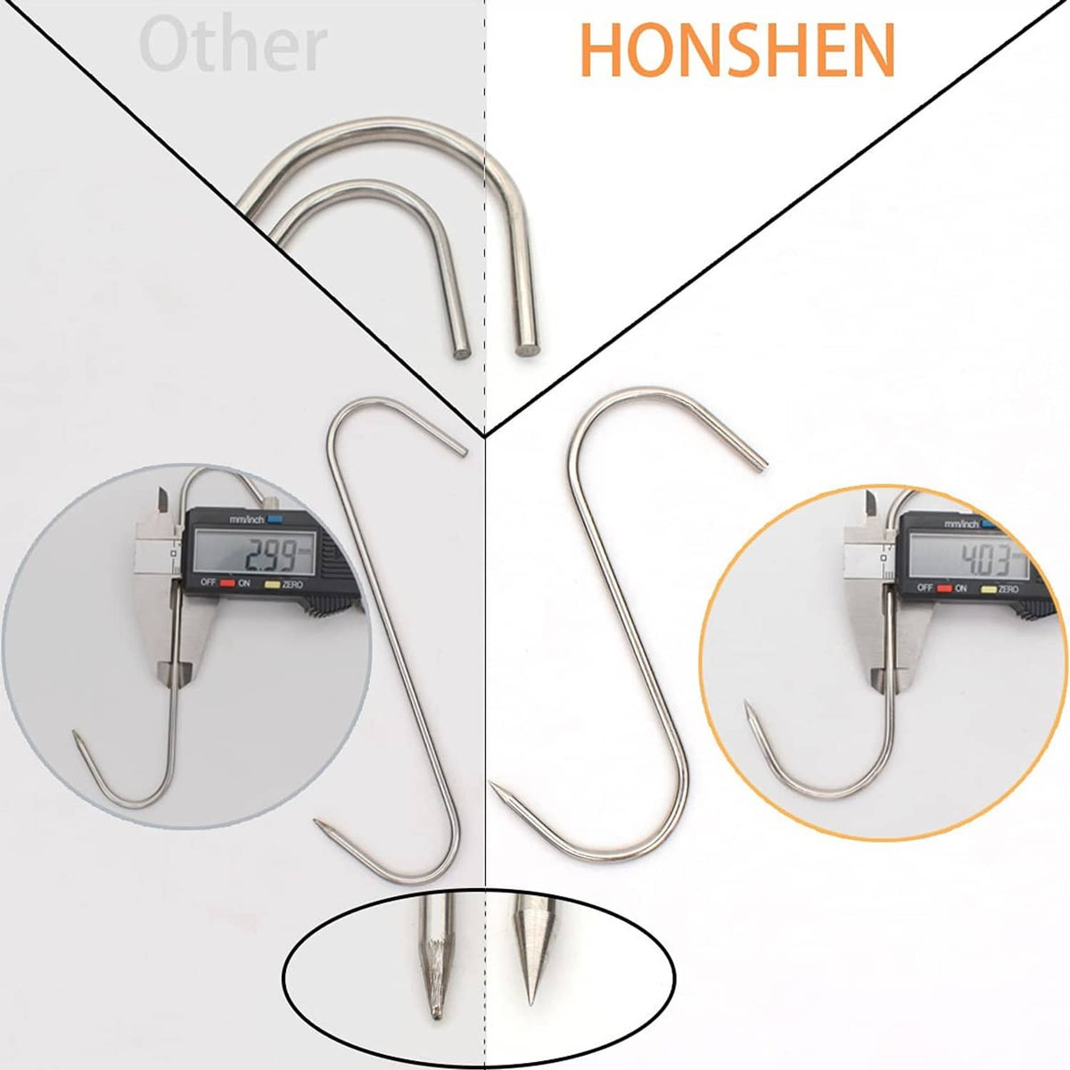 Stainless steel S-hooks shown with digital caliper measurement for size checking